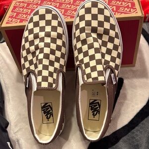 Vans Men's Brown and White Checkerboard Slip-On Sneakers